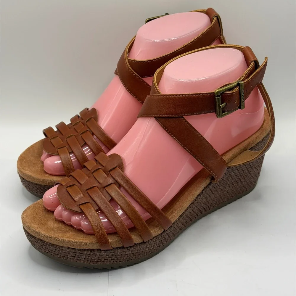 Vionic Clarisa Tan Leather Raffia Wedge Sandals Strappy Platform Brown 8